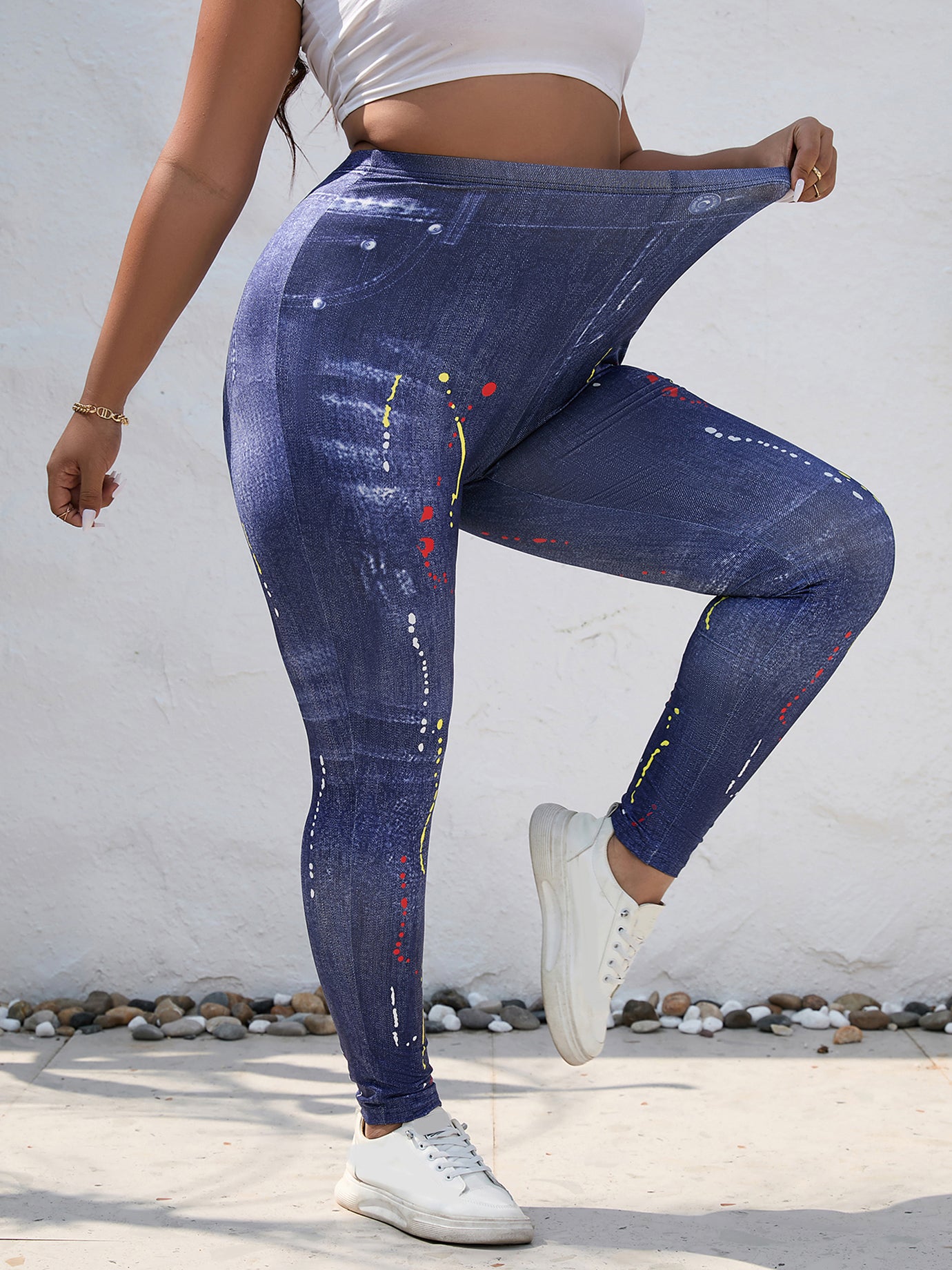  Splatter & Denim Print Leggings High Stretch