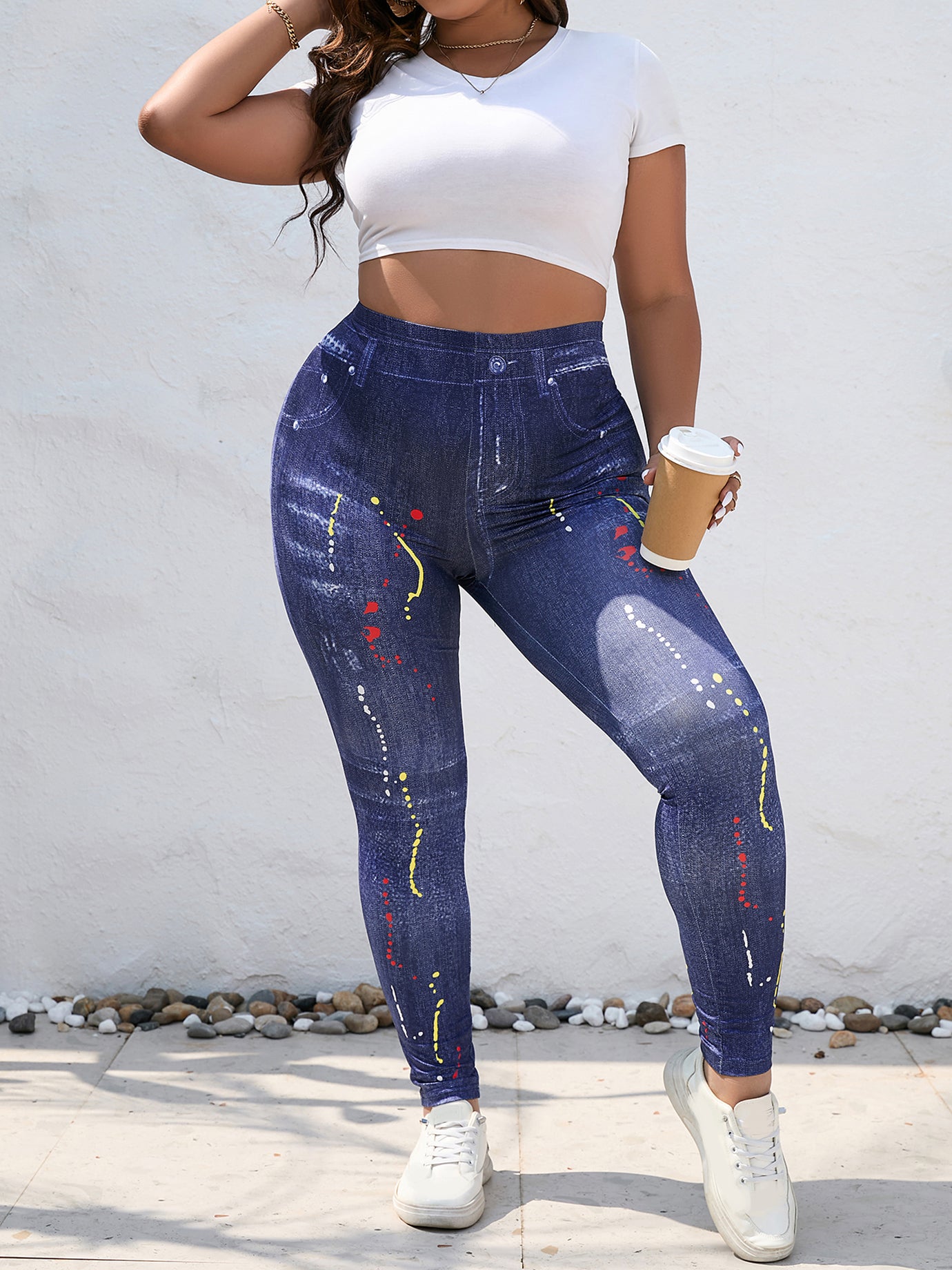  Splatter & Denim Print Leggings High Stretch