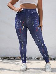  Splatter & Denim Print Leggings High Stretch