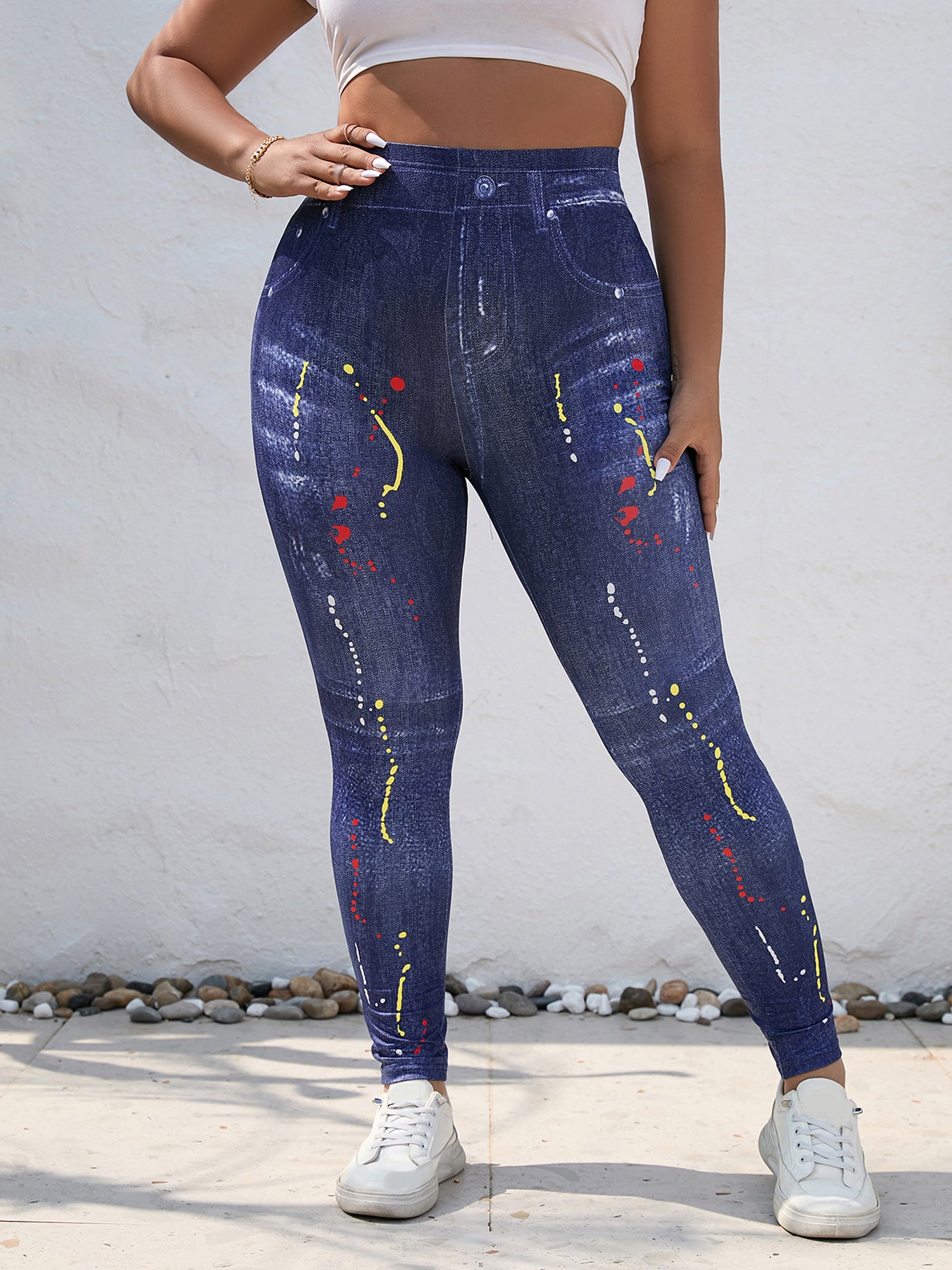  Splatter & Denim Print Leggings High Stretch