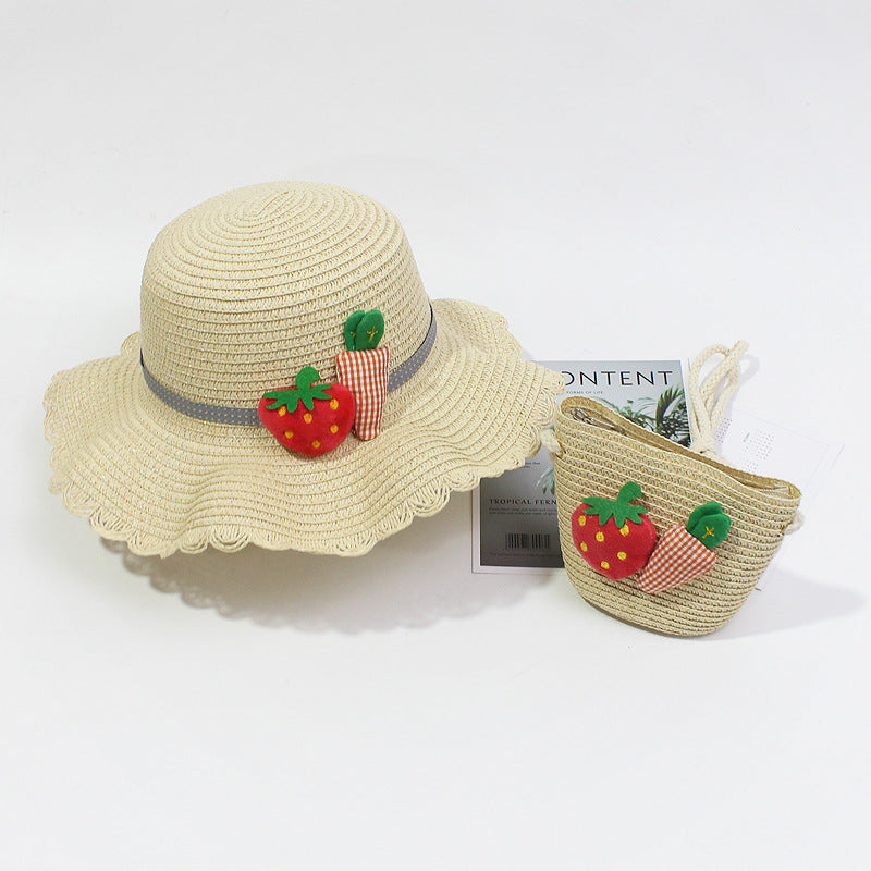 Kids Flower & Fruit Straw Sun Hat & Bag Set, Assorted Colors