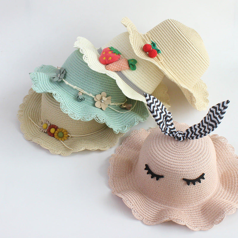 Kids Flower & Fruit Straw Sun Hat & Bag Set, Assorted Colors