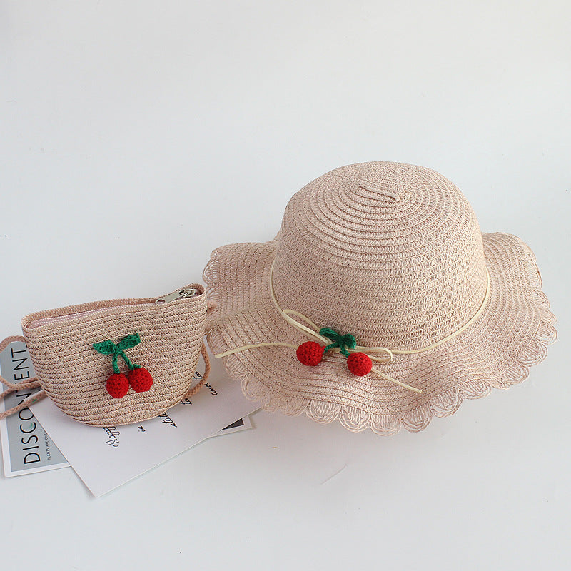 Kids Flower & Fruit Straw Sun Hat & Bag Set, Assorted Colors