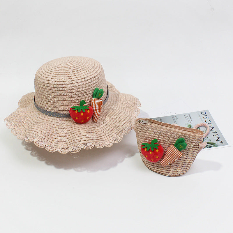 Kids Flower & Fruit Straw Sun Hat & Bag Set, Assorted Colors