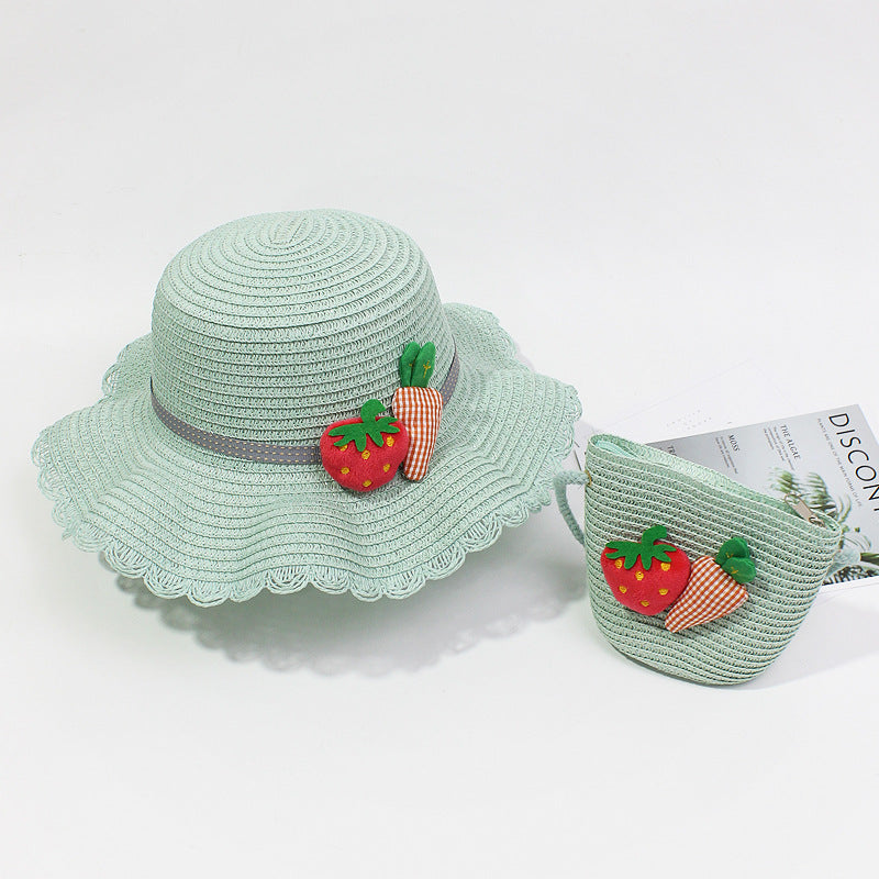 Kids Flower & Fruit Straw Sun Hat & Bag Set, Assorted Colors