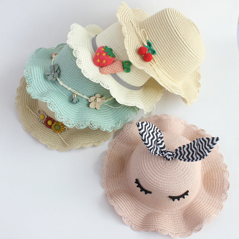 Kids Flower & Fruit Straw Sun Hat & Bag Set, Assorted Colors