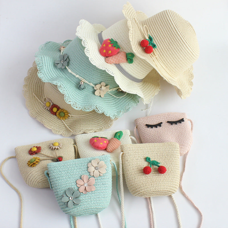 Kids Flower & Fruit Straw Sun Hat & Bag Set, Assorted Colors
