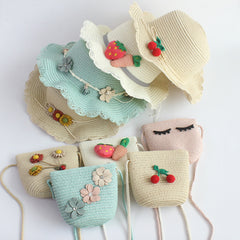Kids Flower & Fruit Straw Sun Hat & Bag Set, Assorted Colors
