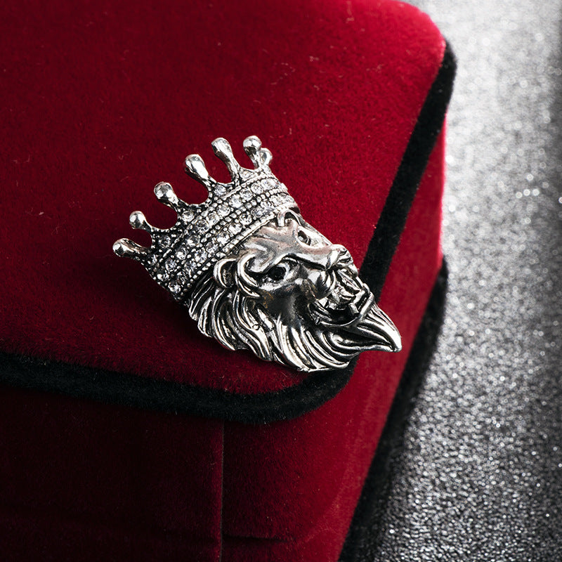 Vintage Animal Lion Head Brooch Crystal Crown Lapel Pin For Men And Women
