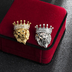 Vintage Animal Lion Head Brooch Crystal Crown Lapel Pin For Men And Women