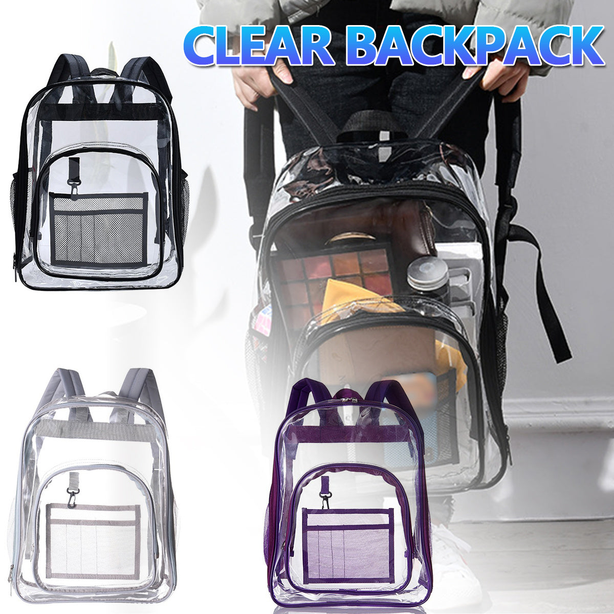 Clear Backpack Heavy Duty Water Resistant Transparent Large Capacity Bookbag