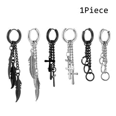 1pc Stainless Steel Feather Cross Pendant & Tassel Small Hoop Earring