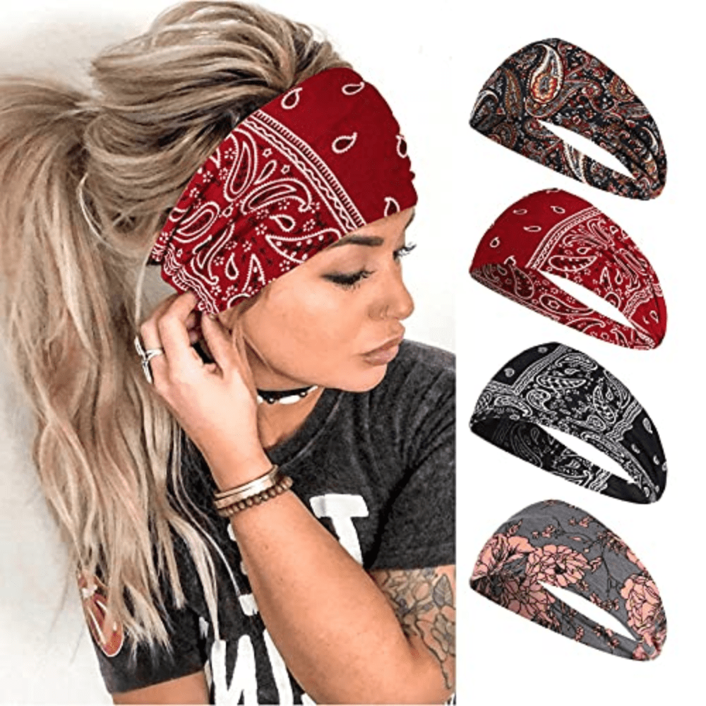 4pcs Boho Headbands Stretch Print Bandana Headbands Cross Knotted Head Wrap