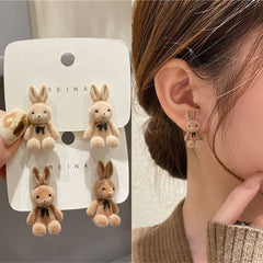 Cartoon Plush Rabbit Bear Stud Earrings for Girls