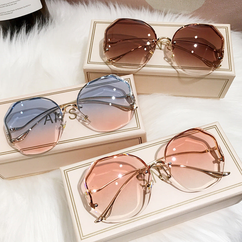 Ombre Lens Sunglasses Round Rimless Metal Glasses UV400