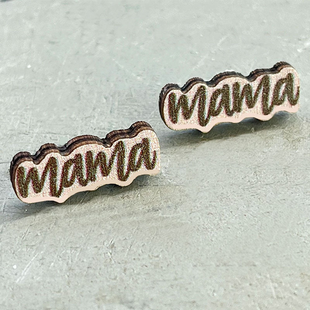 Vintage Wooden MAMA Stud Earrings Bear Elephant Cat's Paw Jewelry