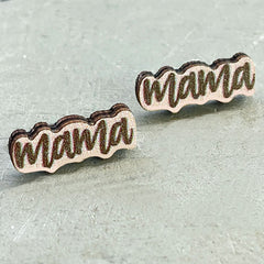 Vintage Wooden MAMA Stud Earrings Bear Elephant Cat's Paw Jewelry
