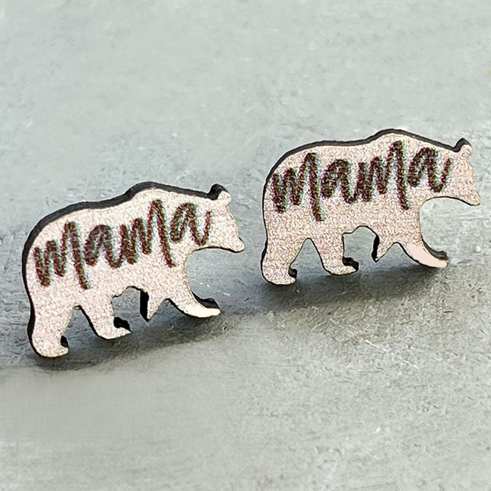Vintage Wooden MAMA Stud Earrings Bear Elephant Cat's Paw Jewelry