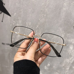 Square Anti Light Glasses Rhinestone Decor Metal Frame