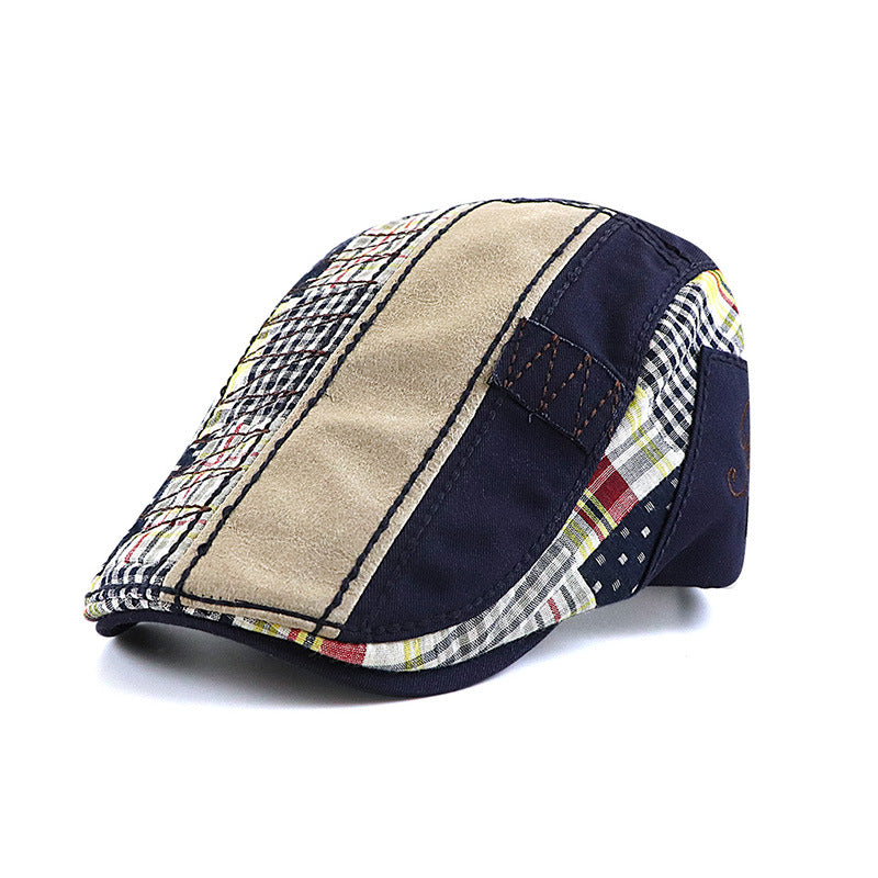 Plaid Pattern Oil Leather Peaked Cap Sporty Woven Casual Peaked Cap
