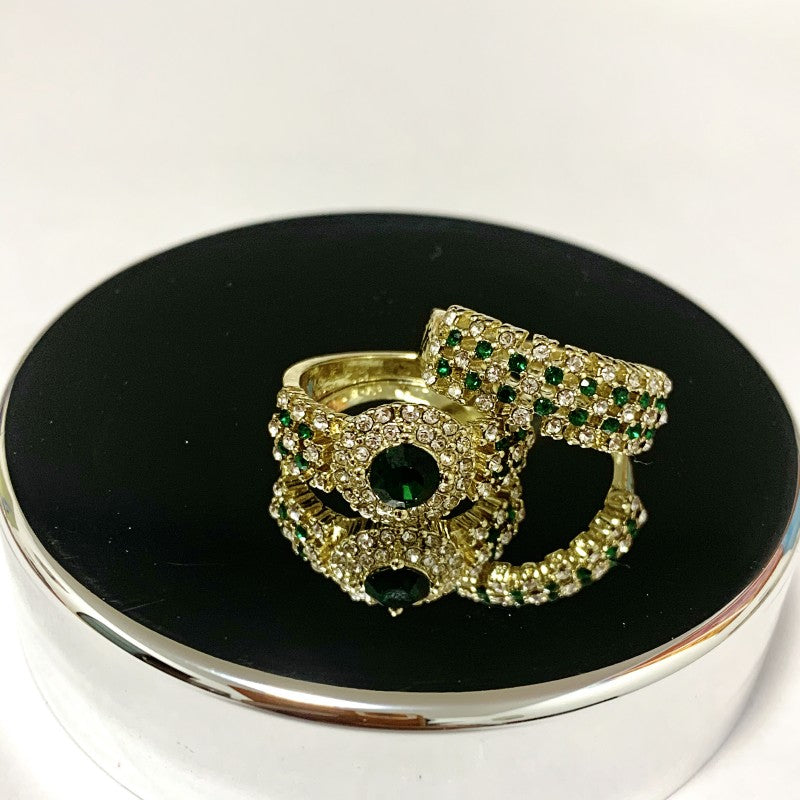 Men's Wedding Engagement Golden & Faux Diamond Emerald Ring Jewelry Set