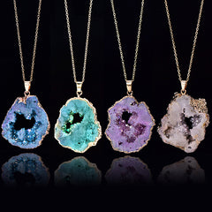 Natural Agate Quartz Geode Slice Pendant Crystal Necklace