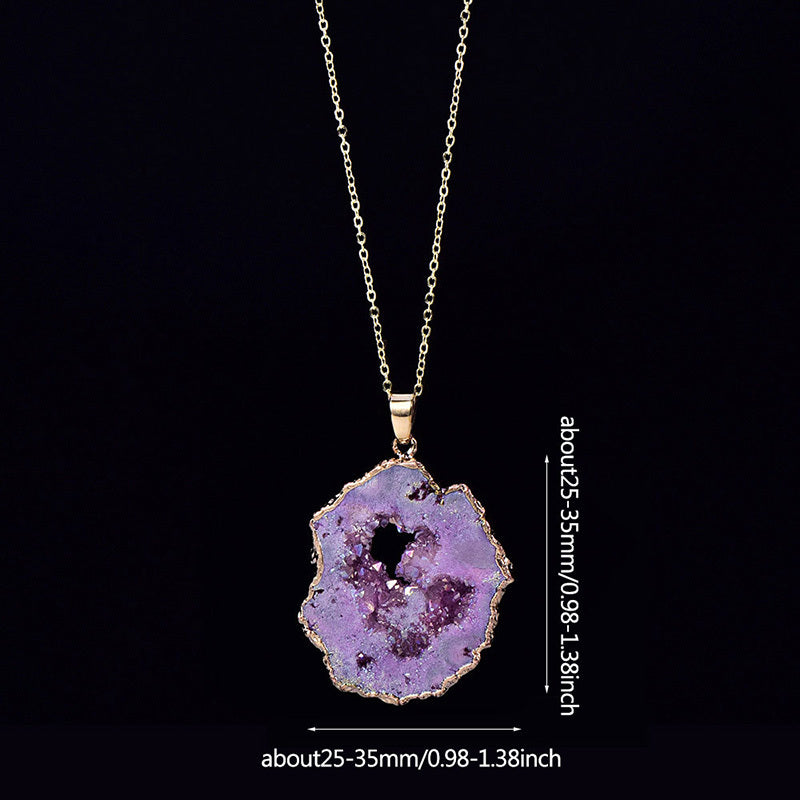 Natural Agate Quartz Geode Slice Pendant Crystal Necklace