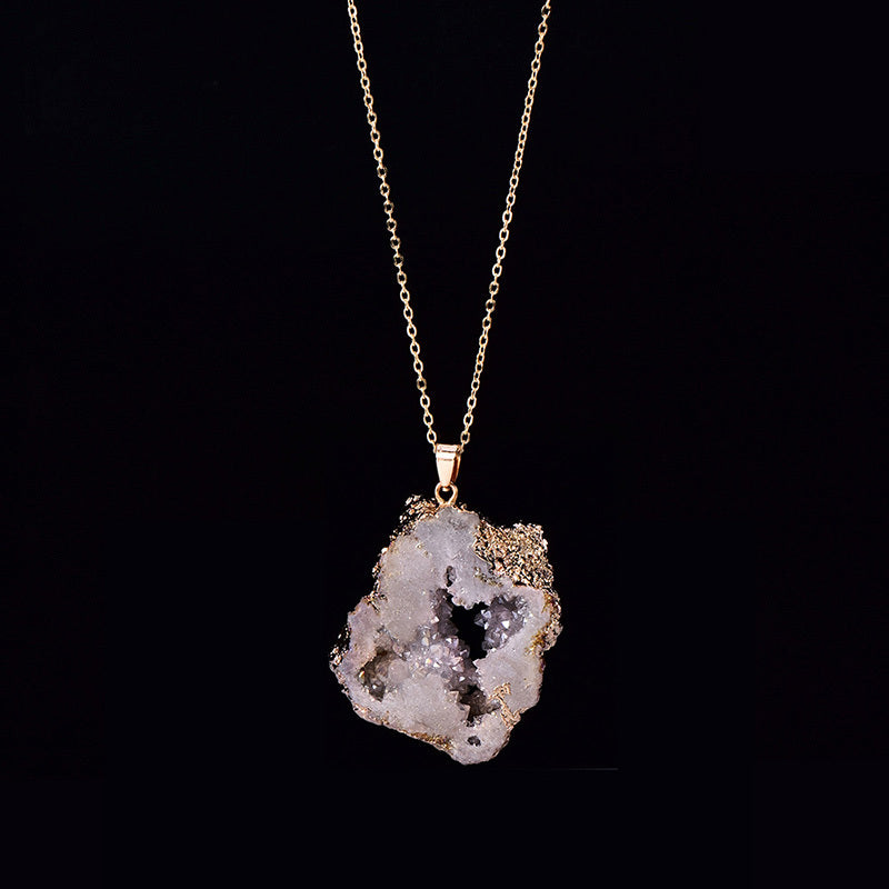 Natural Agate Quartz Geode Slice Pendant Crystal Necklace