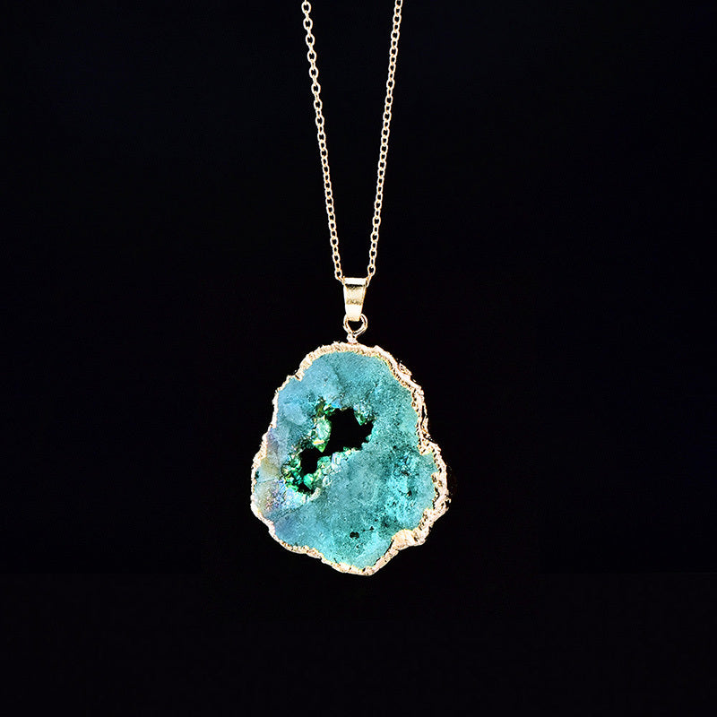 Natural Agate Quartz Geode Slice Pendant Crystal Necklace