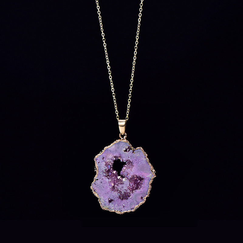 Natural Agate Quartz Geode Slice Pendant Crystal Necklace