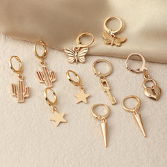 Golden Butterfly Pentagram Cone Earrings
