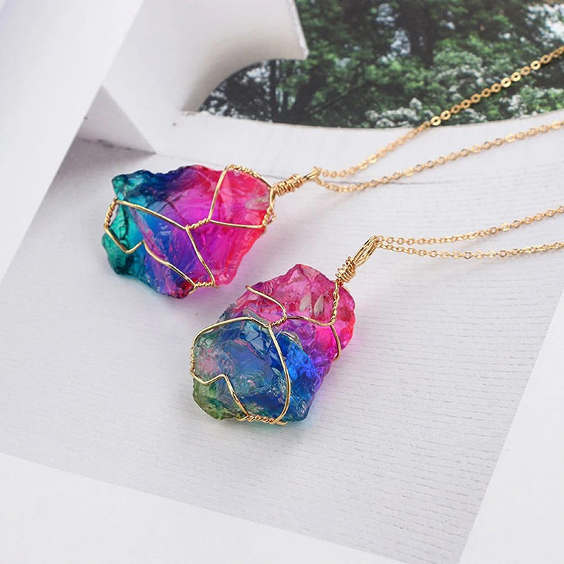 Irregular Rainbow Stone Chakra Necklace Quartz Pendant