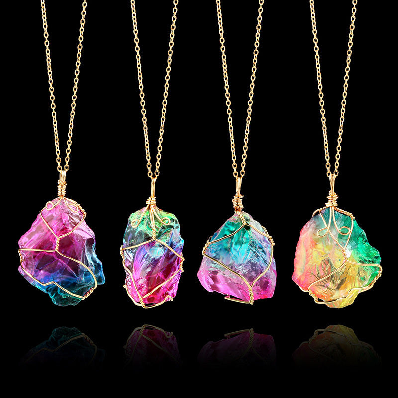 Irregular Rainbow Stone Chakra Necklace Quartz Pendant