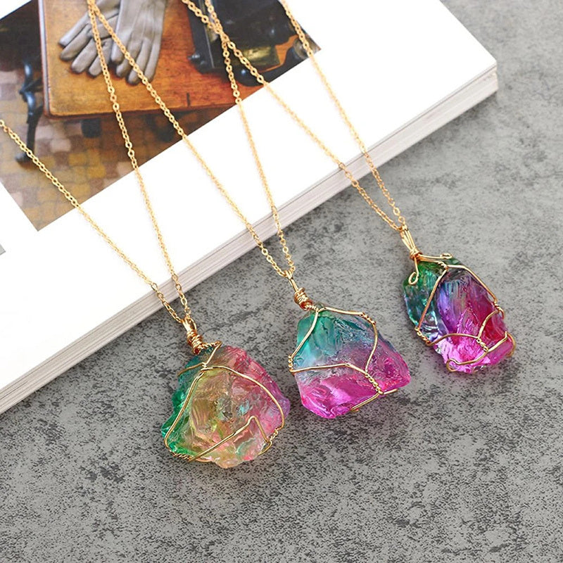 Irregular Rainbow Stone Chakra Necklace Quartz Pendant