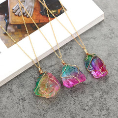 Irregular Rainbow Stone Chakra Necklace Quartz Pendant