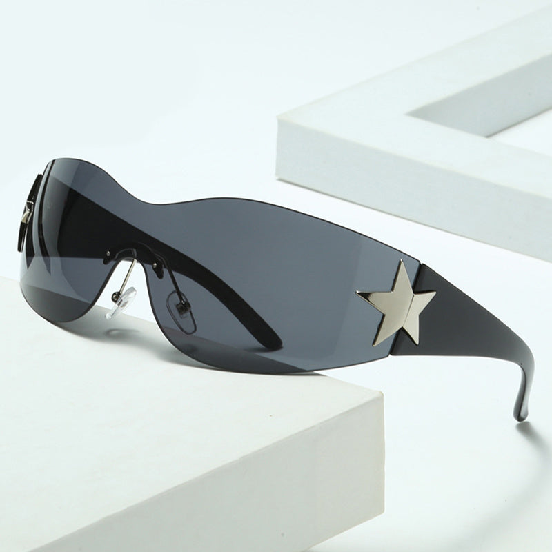 Y2K Wrap Around Sunglasses For Women Men Cyberpunk One piece Star Decor Glasses