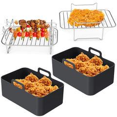 Air Fryer Accessories Set with Silicone Liner, Double Layer Rack, BBQ Skewers