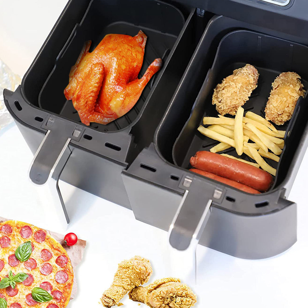 Air Fryer Accessories Set with Silicone Liner, Double Layer Rack, BBQ Skewers