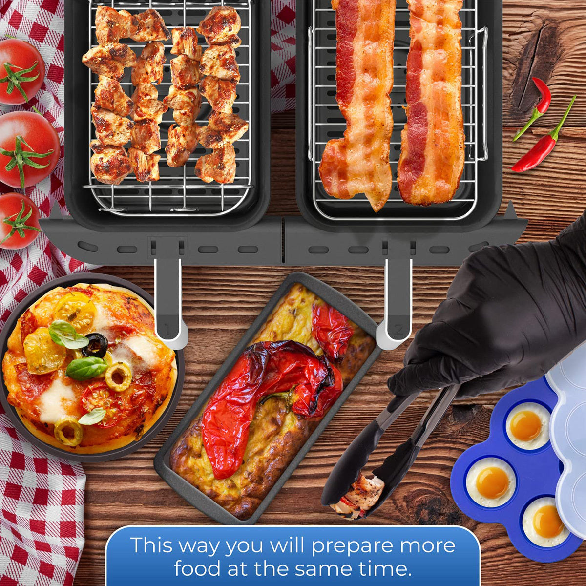 Air Fryer Accessories Set with Silicone Liner, Double Layer Rack, BBQ Skewers