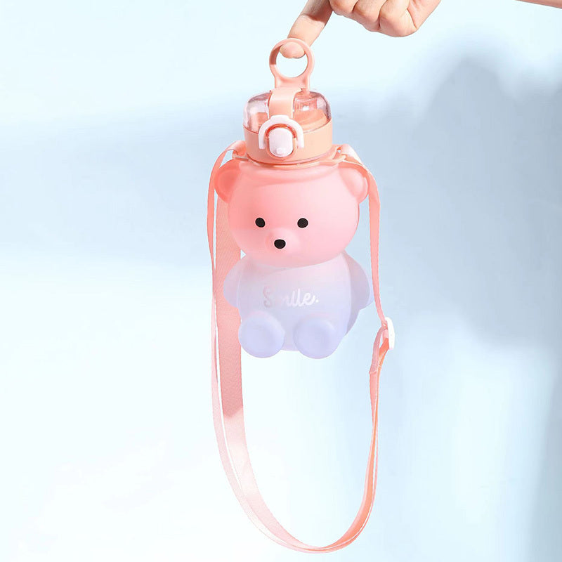 Bear Gradient Water Bottle With Straw And Strap - Large Capacity
