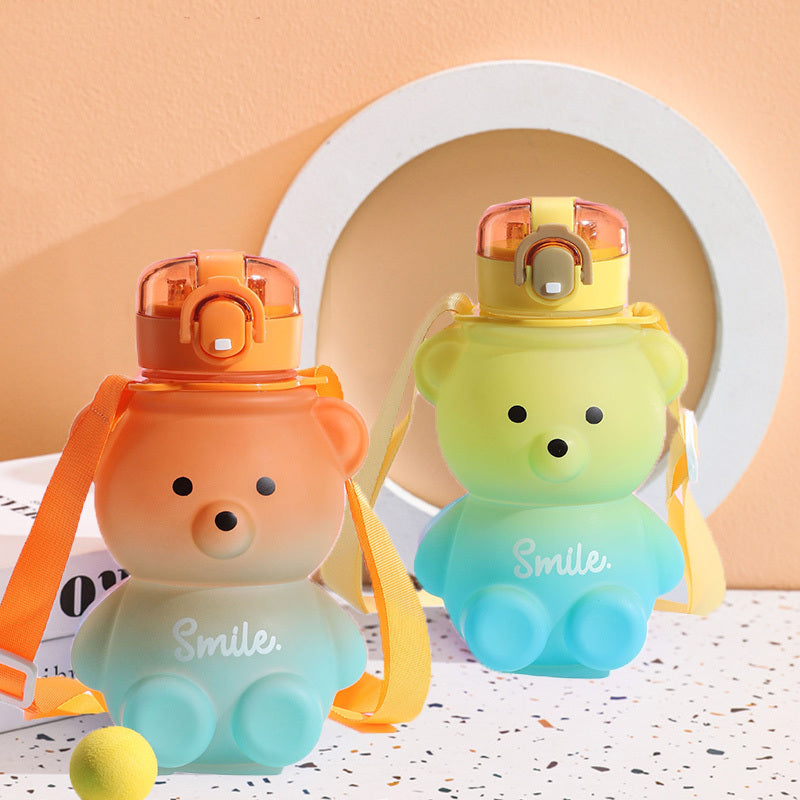 Bear Gradient Water Bottle With Straw And Strap - Large Capacity