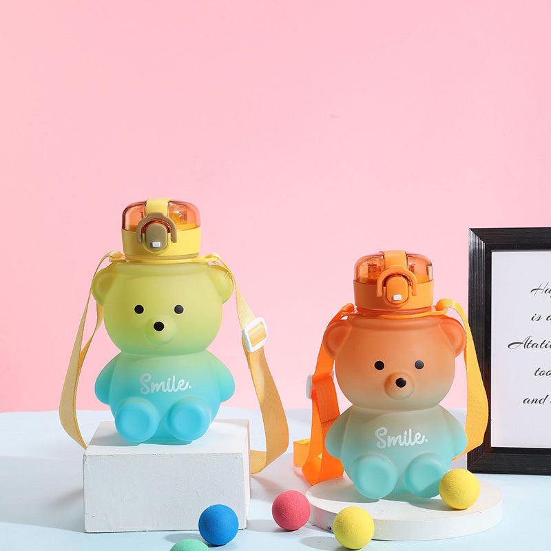 Bear Gradient Water Bottle With Straw And Strap - Large Capacity
