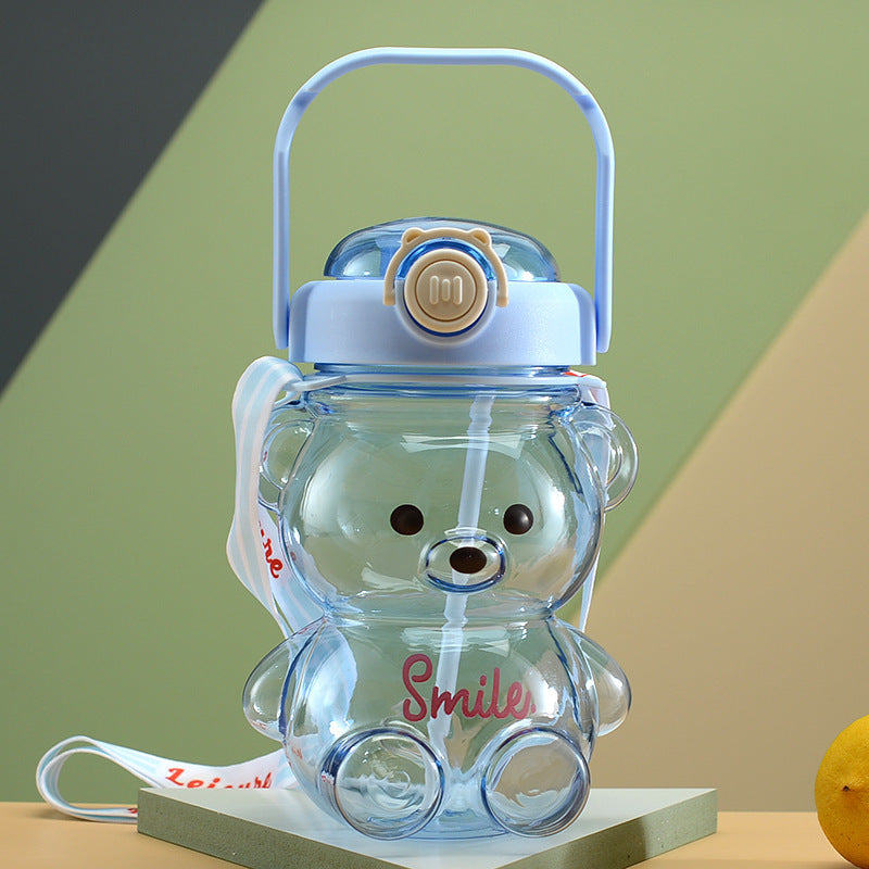 Bear Gradient Water Bottle With Straw And Strap - Large Capacity