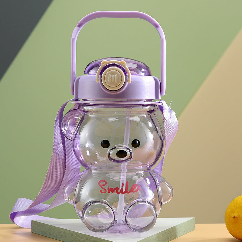 Bear Gradient Water Bottle With Straw And Strap - Large Capacity