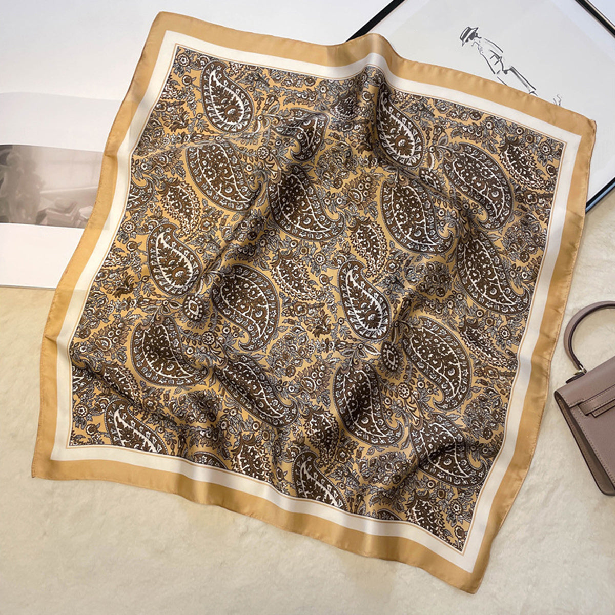Paisley Print Square Silk Scarf Women Head Wrap Bandana