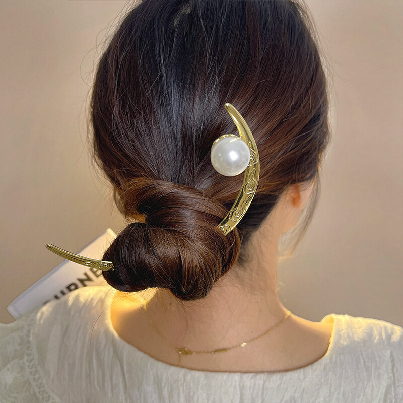 Moon Shape Alloy Hairpin Faux Pearl Head Jewelry