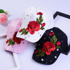 Red Rose Embroidery Baseball Cap Lightweight Sun Hats Adjustable
