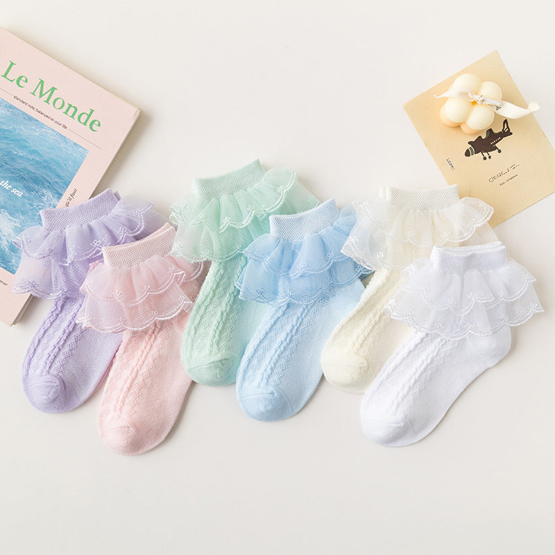 Girls Lace Trim Mesh Socks Comfortable Breathable Short Crew Socks