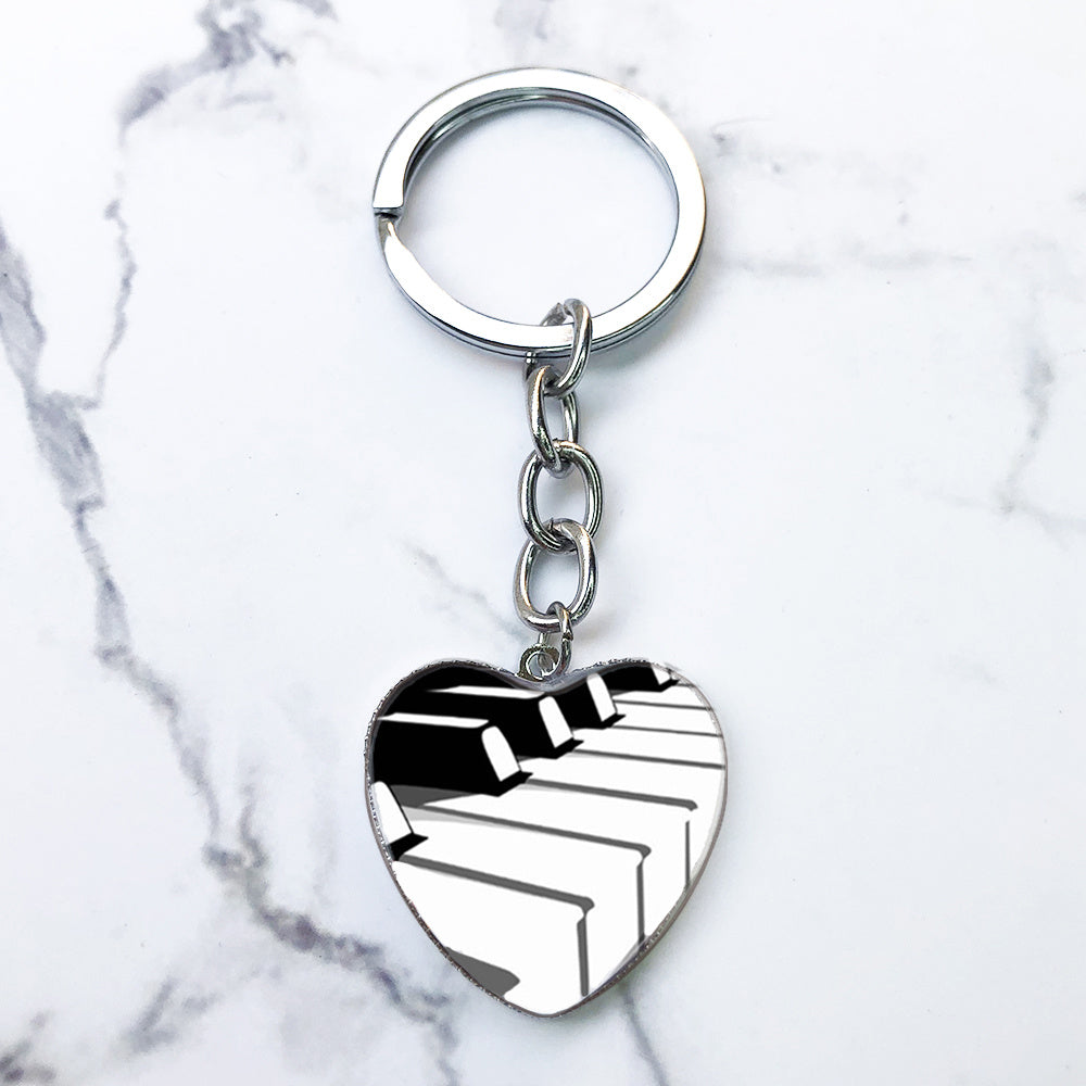 Piano Keys Music Notes Key Chain Heart Shaped Glass Gem Pendant Keyring