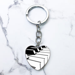 Piano Keys Music Notes Key Chain Heart Shaped Glass Gem Pendant Keyring